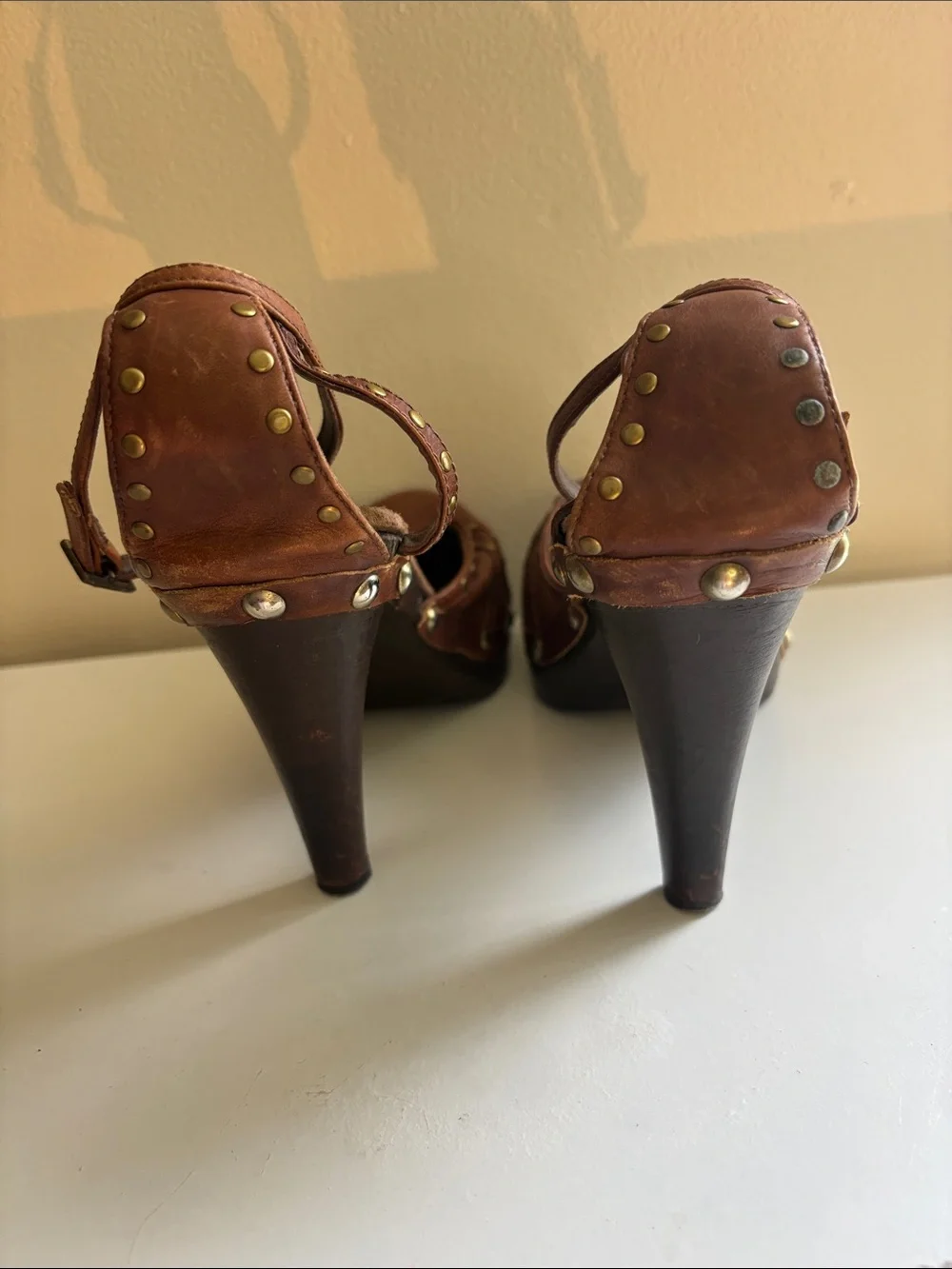Isabella Fiore Brown Leather Studded Platform Heels